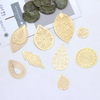  10 adet DIY kaplama altın geometrik oymak damlacıkları dekorasyon malzemeleri bilezik kolye küpe asmak için yuvarlak yapraklar
