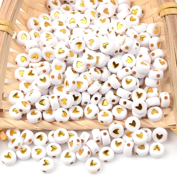  100 adet/4x7mm Altın Kalp Beyaz Akrilik Boncuk Dıy çocuk Bilezik Düz Yuvarlak Boncuk Takı Yapımı İçin Boncuklu Aksesuarlar