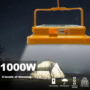  1000w şarj edilebilir güneş projektör Açık taşınabilir LED reflektör Spot mıknatıs ile güçlü ışık kamp çadır lambası