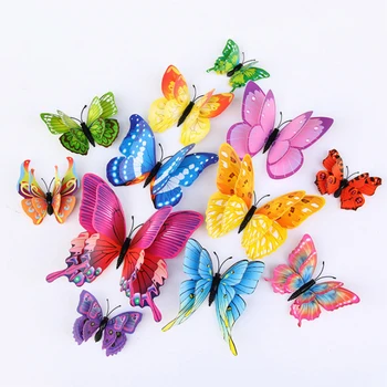  12 adet 3D Çift Katmanlı Kelebekler duvar çıkartmaları Oturma Odası Dekor Düğün Çocuk Odası Dekorasyon DIY Duvar Sanatı Mıknatıs Çıkartmalar