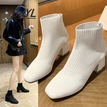  2021 Sonbahar ve Kış Yeni Örme Çorap Çizmeler Kadın Kalın Topuk Yüksek Topuk Küçük kısa çizmeler Tek Tüp Elastik Çizmeler Kadın