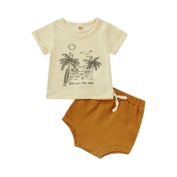  2022-03-04 Lioraitiin 0 - 18M Bebek Bebek Kız 2 Adet Elbise Yuvarlak Boyun Kısa Kollu baskılı tişört Nervürlü İpli Şort
