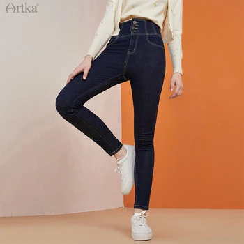  ARTKA 2020 Kış Yeni Kadın Kot Moda Yüksek Bel Ateş Kalınlaşmak Kadife Denim kalem pantolon Rahat Skinny Jeans Kadın KN22007D