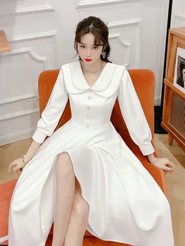  Basit Beyaz Nedime Elbisesi Yeni Şık İnciler Yaka Uzun Kollu Parti Törenlerinde Kadın Zarif A-Line Uzun Vestidos