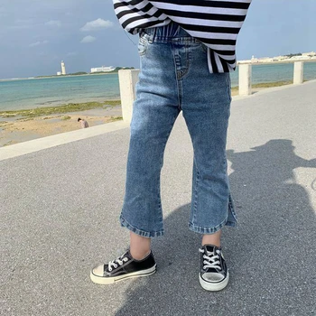  Bebek Kız Denim Flare Pantolon Yan Yarık Skinny Jeans Kore Tarzı Bahar Sonbahar Çocuk Giysileri Kot Pantolon
