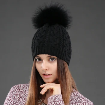  CNTANG 2021 Kadın Çift katmanlı örgü şapkalar Kış sıcak Kasketleri Yün Şapka Ponpon İle Doğal Kürk Rakun Moda Kadın Kap