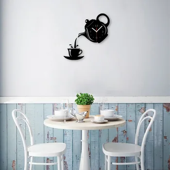  DIY Akrilik Kahve Fincanı Demlik 3D DIY duvar saati Dekoratif Mutfak duvar saati s Oturma Odası Yemek oda duvar dekoru Saat Çıkartmalar