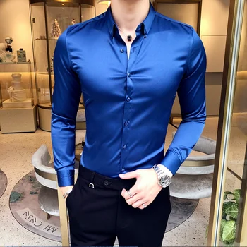  Erkek Gömlek Yüksek Kaliteli Uzun kollu Rahat İnce Düz Renk Resmi Mavi Gömlek Yaka Nakış İş Sosyal Erkek Giyim
