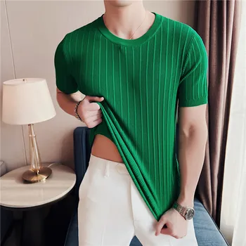  Erkek Yaz Rahat kısa kollu tişört / Erkek Slim Fit Çizgili Yuvarlak Yaka Yüksek Elastik Kuvvet Örgü T-shirt Yeşil Tees S-4XL
