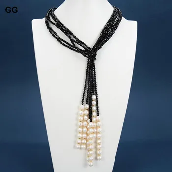  GuaiGuai Takı 3 Tellerinin 4mm Doğal Faceted Siyah Oniks Beyaz İnci Kement Uzun Kazak Zincir Kolye Bilezik Küpe Setleri