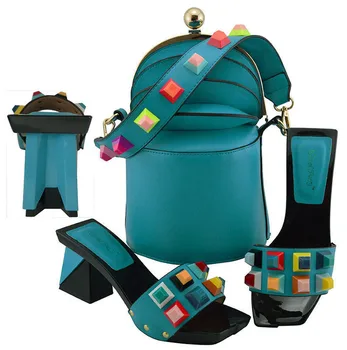  Göl Mavi Renk İtalyan Ayakkabı ile uyumlu çanta Yüksek Kaliteli Afrika Nijerya çanta ve ayakkabı seti Parti için Kadın MD011
