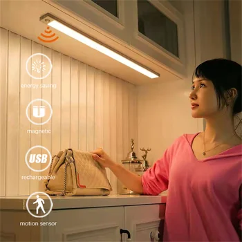  Hareket Sensörü Kabine LED gece ışığı USB Aydınlatma Mutfak Dolap Dolap kabin lambası Şarj Edilebilir Manyetik 60 CM led ışık