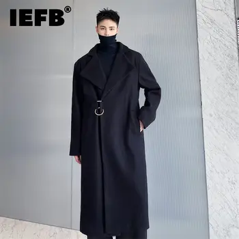  IEFB erkek Yüzük Tasarım Kuşaklı Orta Uzunlukta Yün Uzun Ceket Yaka Uzun Kollu Siyah Tüvit Ceketler Yeni Sonbahar Kış 9Y9961