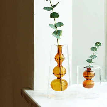  Iskandinav Çift Katmanlı Renkli Cam Vazo Masaüstü Çiçek Vazo Şeffaf Ev Dekorasyonu Dekoratif Gözlük Hediyeler Ev Dekorasyonu