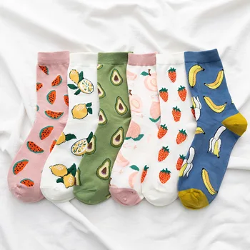  Kadınlar Mutlu komik çoraplar Baskı İle Meyve Sevimli Uzun Çorap Avokado Çilek Karpuz Pamuk Moda Harajuku Çorap