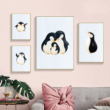  Karikatür Hayvan Sevimli Penguen Aile Posterler Baskılar Tuval Resimleri duvar Sanatı Resimleri için Oturma Odası çocuk Odası Ev Dekor