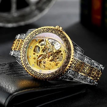 Kazanan İzle Erkekler mekanik saatler Moda Vintage Kraliyet Kazınmış İzle Lüks Altın İskelet Otomatik Mekanik Kol Saatleri