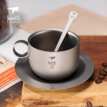  Keith Titanyum Ti3601 Çift Duvar Kahve Fincan Tabağı ve Kaşık ile