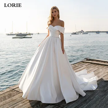  LORIE Prenses Gelinlik Saten Vintage Kapalı Omuz Düğün Gelin Elbiseler Boncuklu Kemer Beyaz Fildişi Düğün Balo
