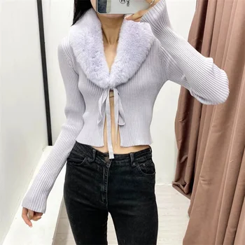  MESTTRAF Kadınlar 2021 Moda Düz Renk İnce Kırpma Örgü Hırka Kazak Vintage Uzun Kollu Kravat Taklit Kürk Giyim Streetwear