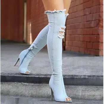  Moda Sonbahar Kadın Yüksek Topuklu uyluk yüksek çizmeler kadın ayakkabısı Sıcak Diz Üzerinde Çizmeler Peep Toe Kovboy çizmeleri Denim ayakkabı 785