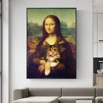  Mona Lisa Tutan bir Kedi Komik dekoratif tablolar Duvar Sanatı Posterler ve Baskılar Ünlü Sanat Klasik Resim Sergisi Oturma Odası İçin