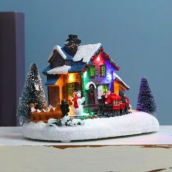  Noel Evi Köy Süsleme Light Up Minyatür Binalar Reçine Kış Kabin Figürleri Odası Masa Tatil Heykel Dekor