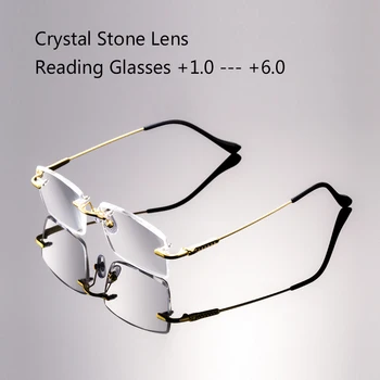 Okuma gözlüğü Adam Doğal Kristal Taş Cam Lens Hipermetrop Kadın Lüks Çerçevesiz Presbiyopi Gözlük +1.0 4.5 +5.0 5.5 +6.0