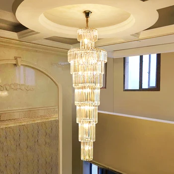  Otel büyük asılı lamba altın K9 özel Modern uzun kolye lüks merdiven kristal avize ışık oturma odası için yüksek tavanlar