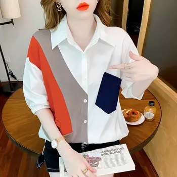  Patchwork Kontrast Renkler Bluz Kadın 2022 Yaz Moda Rahat Gevşek Moda Yarım Kollu Üstleri Tek göğüslü Polo Yaka