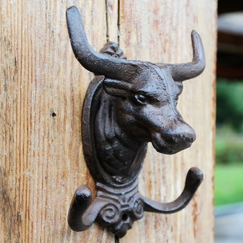  Retro Rustik Boğa Kafa Dökme Demir Duvar Kanca İki Askı İle Avrupa ev bahçe dekoru Hayvan Kafası Figürler Metal Duvar Kanca