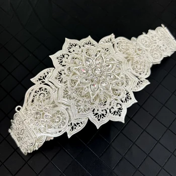  Vintage Altın Kaplama Kafkasya Düğün Kemerler Hollow Çiçek Tasarım Rhinestone Türk Kaftan Takı Müslüman Metal göbek takısı