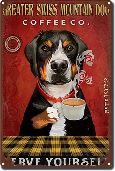  Vintage Tabela Büyük İsviçre Dağ Köpeği Kahve Servis Kendiniz Ev Mutfak Garaj Cafe Dekor 8x12 inç