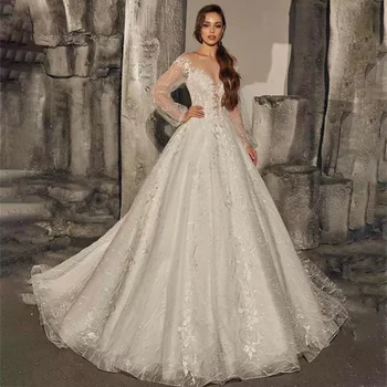  Weilinsha A-line düğün elbisesi Dantel 3D Çiçek O-Boyun Uzun Kollu Gelinlikler Custom Made Artı Boyutu 2022 Basit gelin elbiseleri