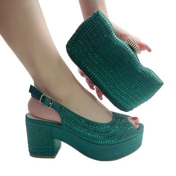  Yeşil Eşleşen ayakkabı ve çanta seti Gelin Düğün Parti Sandalet Bling Bling İtalyan Platformu Ayakkabı Çanta ile Çar Yüksek Topuklu Çanta