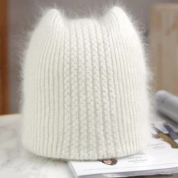  Yüksek Kaliteli Angora Tavşan Kürk Şapka Kadınlar için Kış Sıcak Kürk Örgü Bere Şapka Kedi Kulakları ile Kızlar için Sıcak Örme Kap