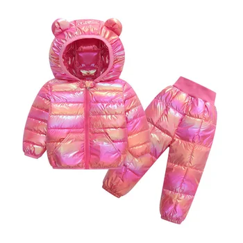  Çocuk giyim setleri Bebek Çocuk Sıcak Kapşonlu Aşağı Ceketler Pantolon Parlak Yüzey Giyim Kış Kız Erkek Snowsuit Mont Pantolon