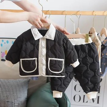  Çocuklar Bebek Sıcak Giyim Setleri Kış Kontrast Renk Tek Göğüslü Erkek Kız Kapitone Mont Üstleri + Pantolon Pamuk dolgulu giysiler Takım Elbise